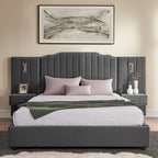 Upholstered queen bed with velvet headboard and built-in lighting, featuring floating nightstands and solid slat support system.