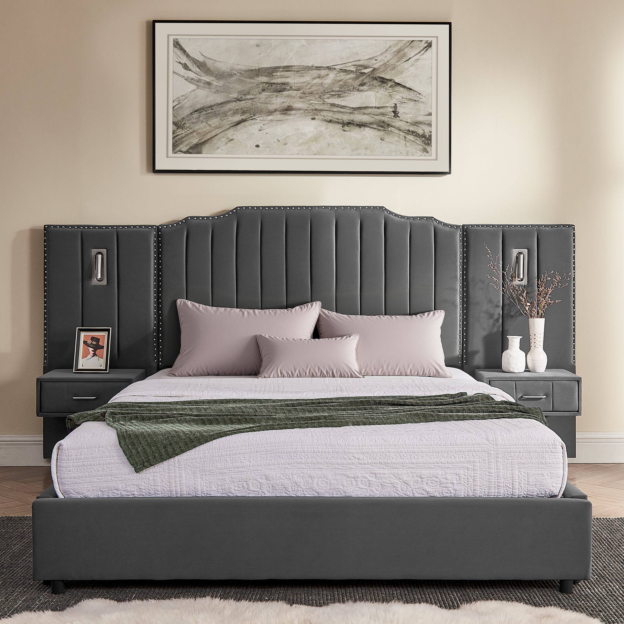 Upholstered queen bed with velvet headboard and built-in lighting, featuring floating nightstands and solid slat support system.