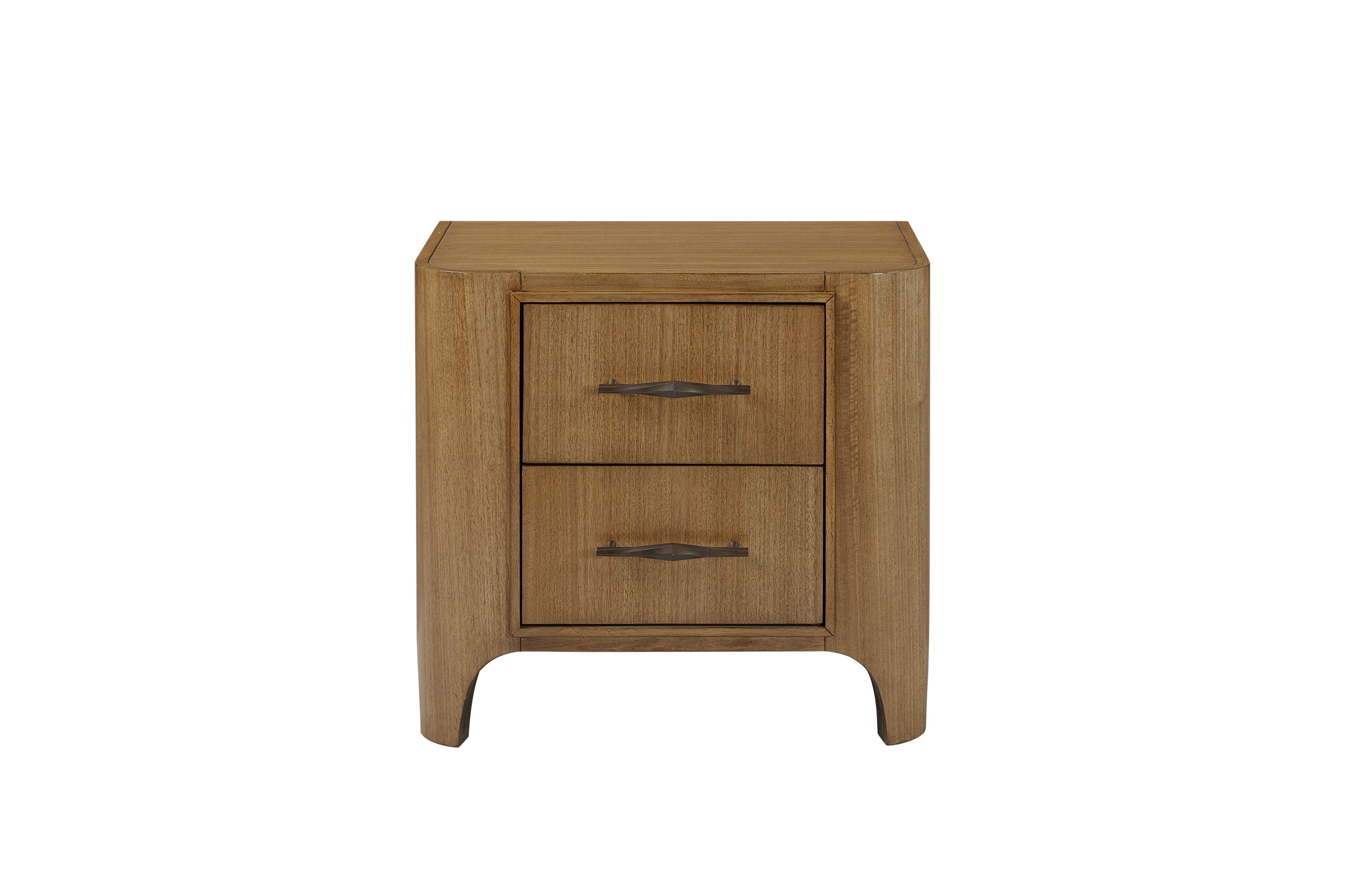 2 drawer nightstand with USB port in solid wood, featuring soft-close drawers and felt-lined top drawer for bedroom storage convenience.
