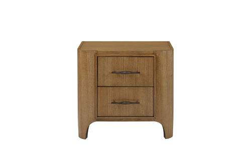 2 drawer nightstand with USB port in solid wood, featuring soft-close drawers and felt-lined top drawer for bedroom storage convenience.
