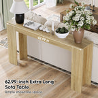 Farmhouse Oak Console Table - Extra-Long Entryway Table shown behind a sofa with 62.99-inch length label, offering ample surface for decor.