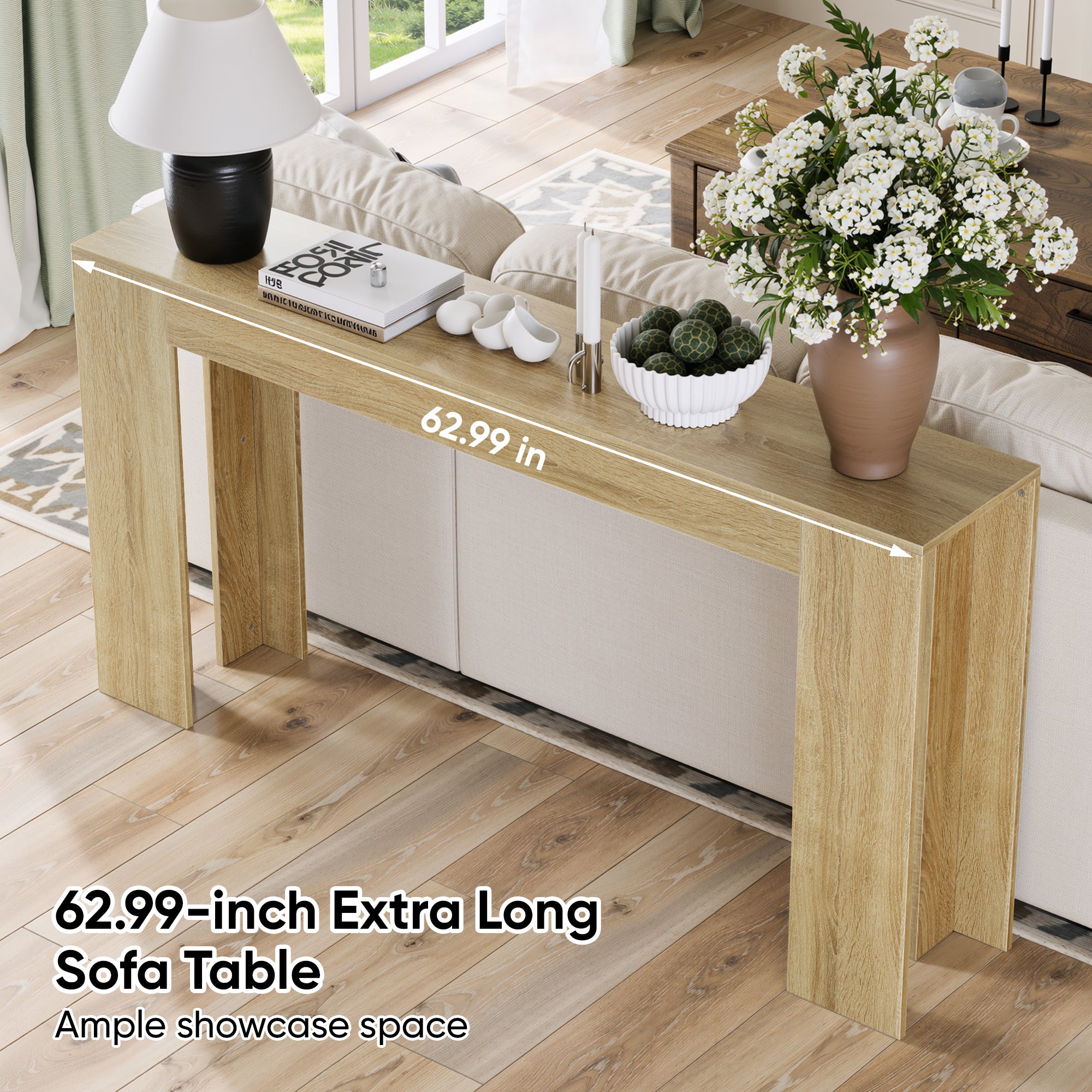 Farmhouse Oak Console Table - Extra-Long Entryway Table shown behind a sofa with 62.99-inch length label, offering ample surface for decor.