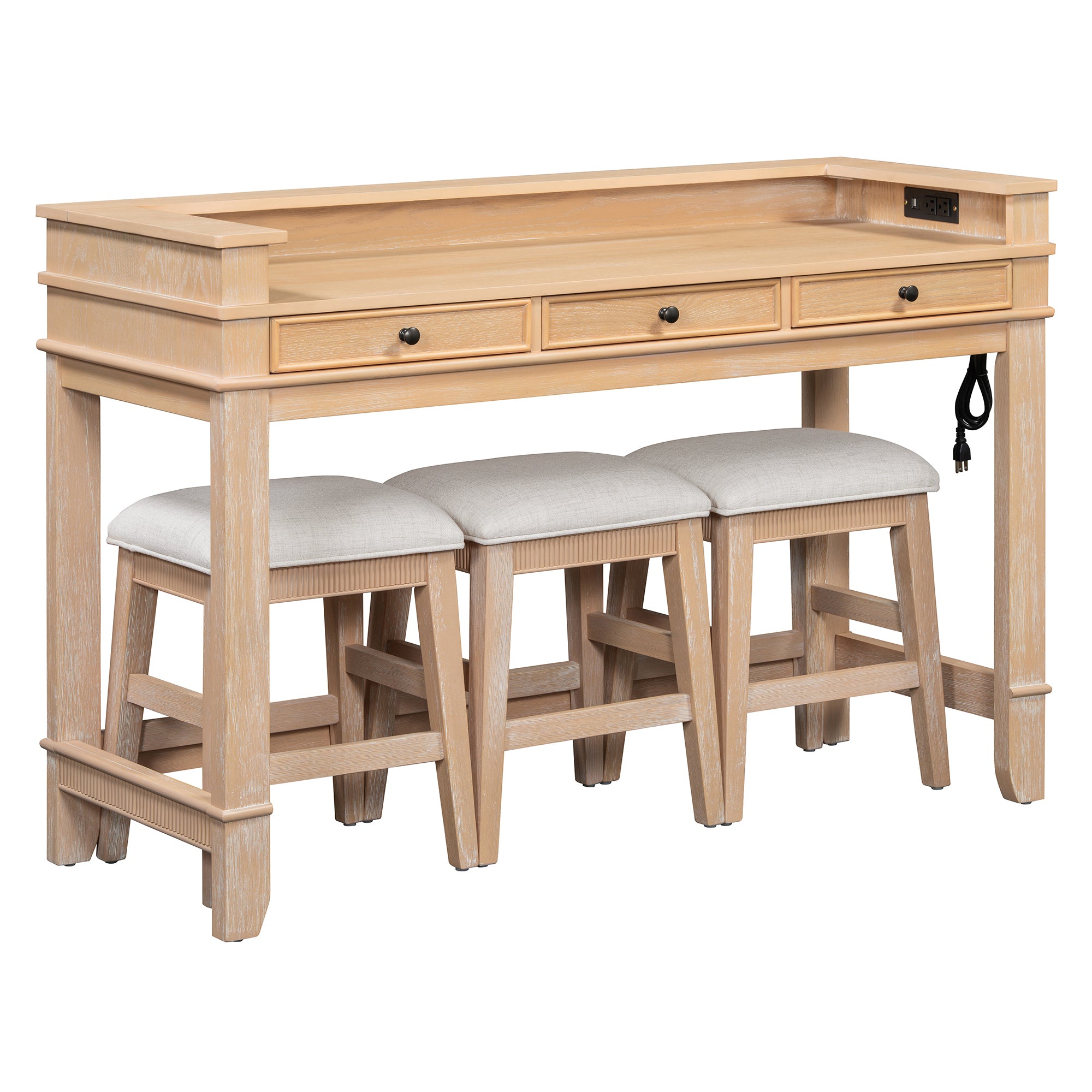 TREXM 4-Piece Dining Table Set for 3, Retro Kitchen Table and Chairs Set with 3 Storage Drawers, Ideal for Small Spaces (Natural)