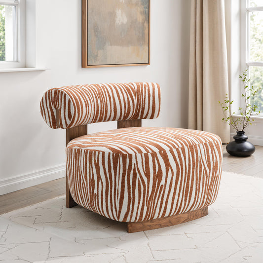 1pc Accent Chair zebra Strips Fabric Hight Density Foam Cylindrical Backrest Rustic Orange Finish Primary Living Room
