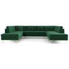 U-shaped sectional sofa in lush green velvet with tufted backrests, accent pillows, and slender gold metal legs.