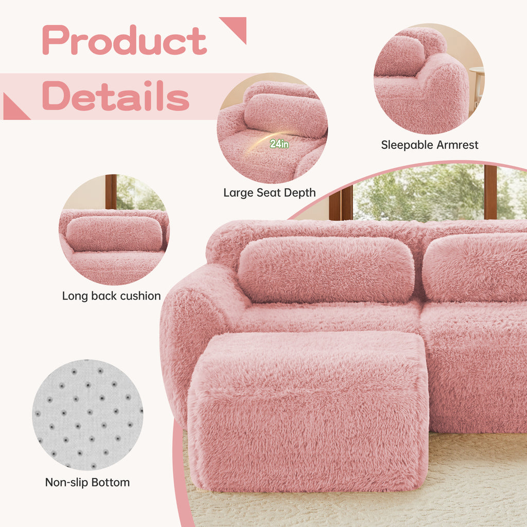 Product features of pink plush modular sofa include sleepable armrest, long back cushion, and non-slip bottom for ergonomic support.