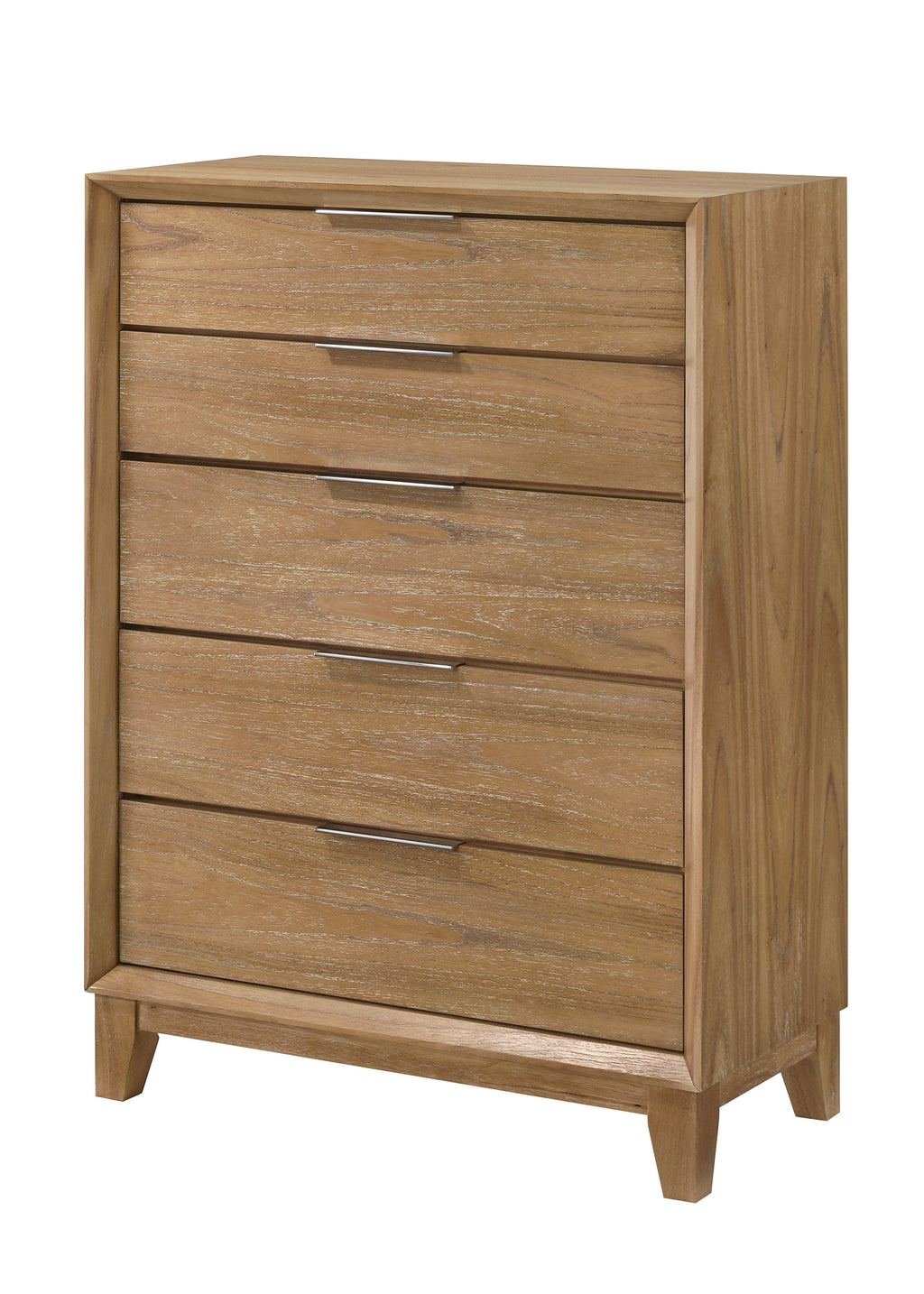 Contemporary Tall Wood Chest - Bedroom Furniture with 5 spacious drawers and natural wood finish, ideal for modern bedroom storage.