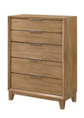 Contemporary Tall Wood Chest - Bedroom Furniture with 5 spacious drawers and natural wood finish, ideal for modern bedroom storage.