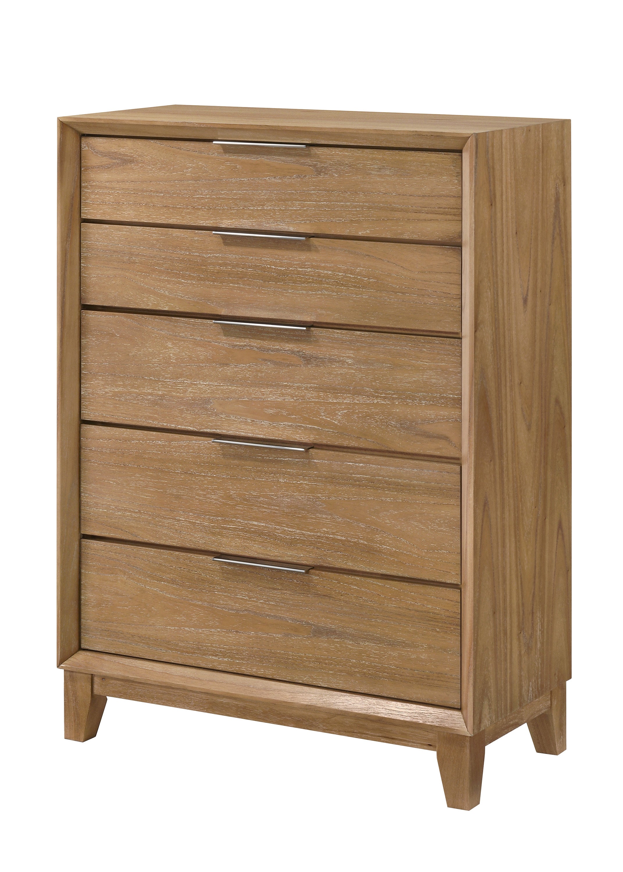 Contemporary Tall Wood Chest - Bedroom Furniture with 5 spacious drawers and natural wood finish, ideal for modern bedroom storage.