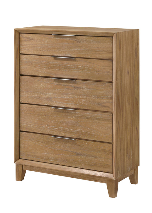 Contemporary Tall Wood Chest - Bedroom Furniture with 5 spacious drawers and natural wood finish, ideal for modern bedroom storage.