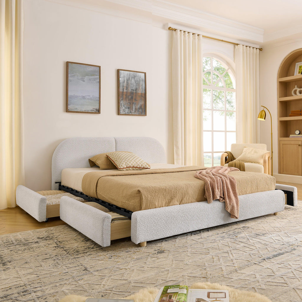 Queen Size Upholstered Bed Frame - Circle Yarn Fabric.