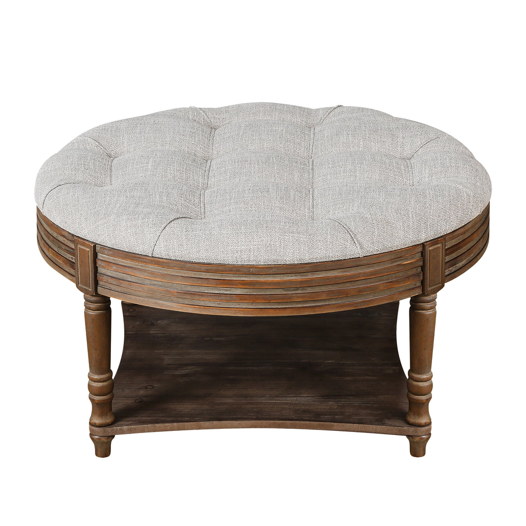 Large Round WaterProof Ottoman Coffee Table 2 Tier Oversized Button Tufted Ottoman with Wooden Shelf Storage Farmhouse Upholstered Coffee Table Living Room Footstool Ottoman Linen(Light Gray)