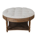 Large Round WaterProof Ottoman Coffee Table 2 Tier Oversized Button Tufted Ottoman with Wooden Shelf Storage Farmhouse Upholstered Coffee Table Living Room Footstool Ottoman Linen(Light Gray)