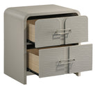 Aria Modern 2-Drawer Nightstand with textured front and metal handles, featuring open drawers and smooth glide system in beige finish.