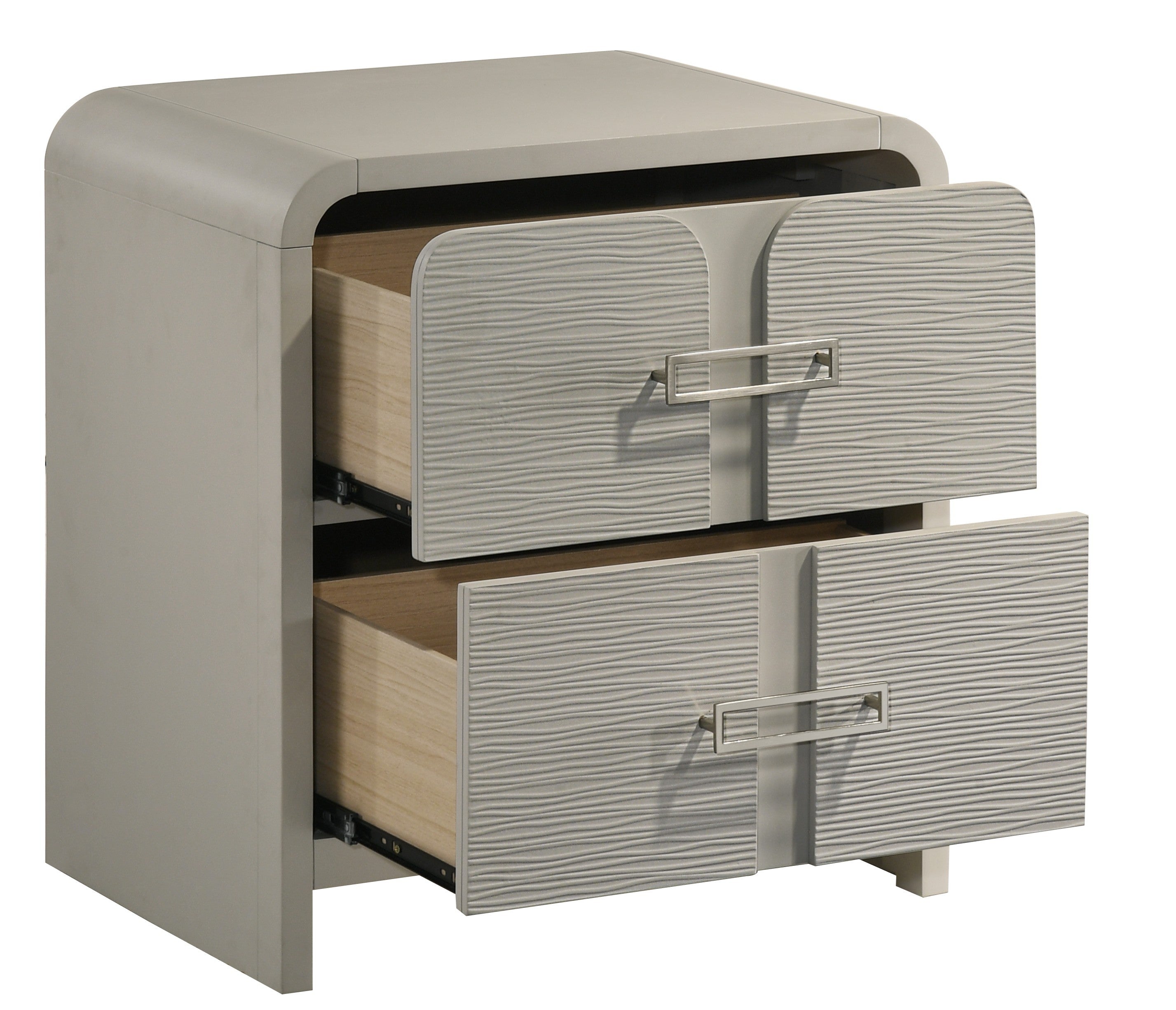 Aria Modern 2-Drawer Nightstand with textured front and metal handles, featuring open drawers and smooth glide system in beige finish.
