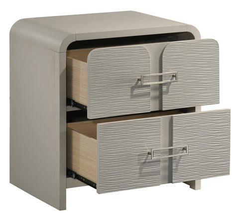 Aria Modern 2-Drawer Nightstand with textured front and metal handles, featuring open drawers and smooth glide system in beige finish.