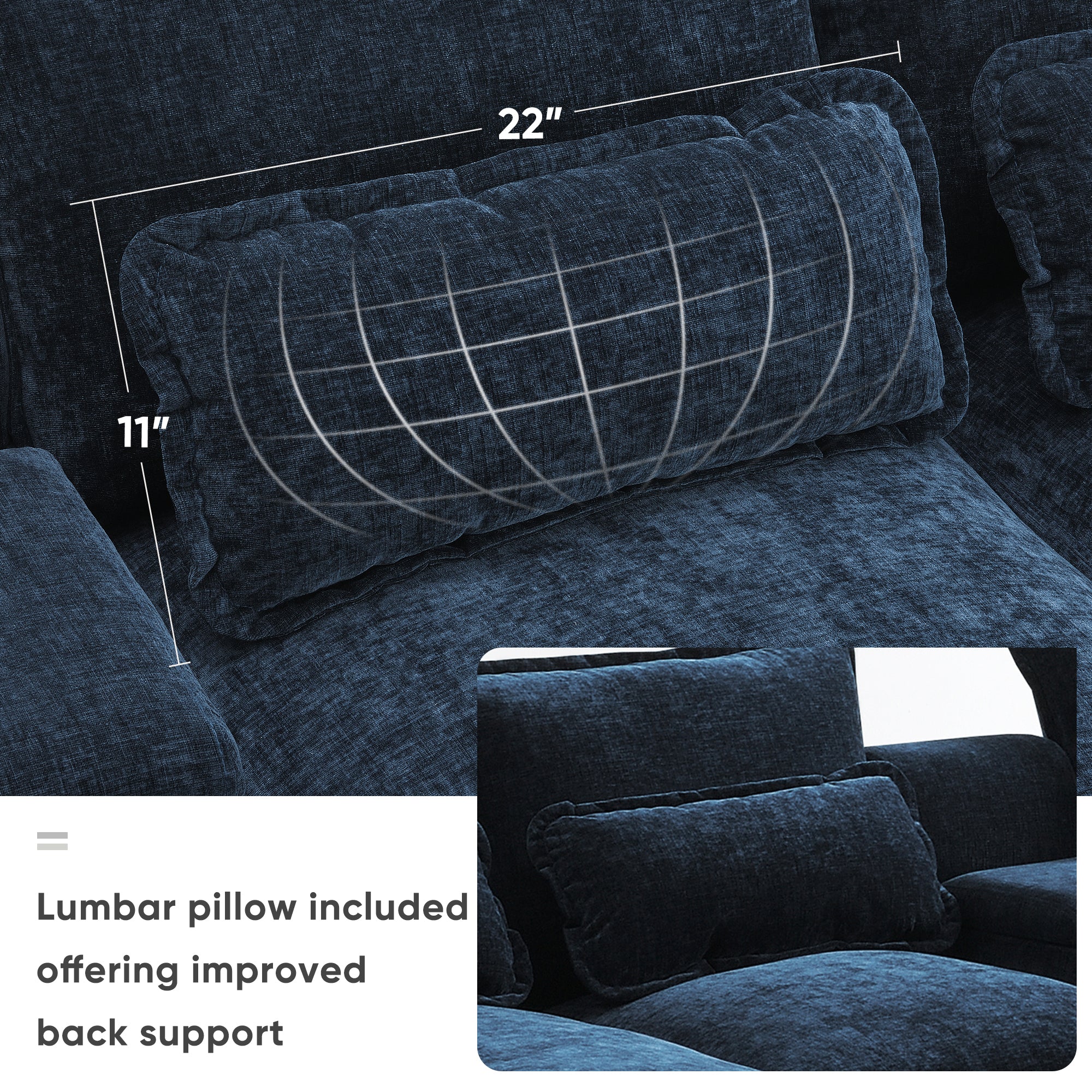 Lumbar pillow included with U-shaped sectional sofa with USB charger, offering extra back support for enhanced relaxation.