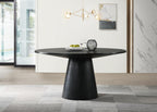Jacopo Ebony Black Round Dining Table Set with Beige Chairs.