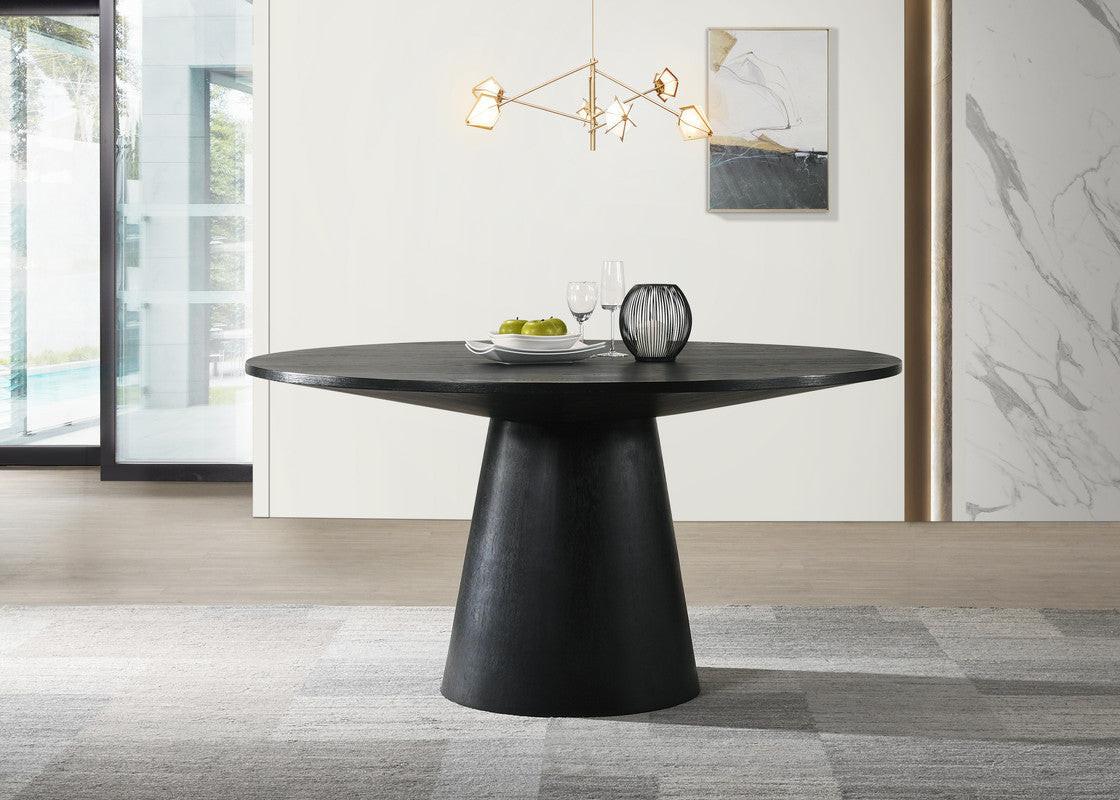 Jacopo Ebony Black Round Dining Table Set with Beige Chairs.