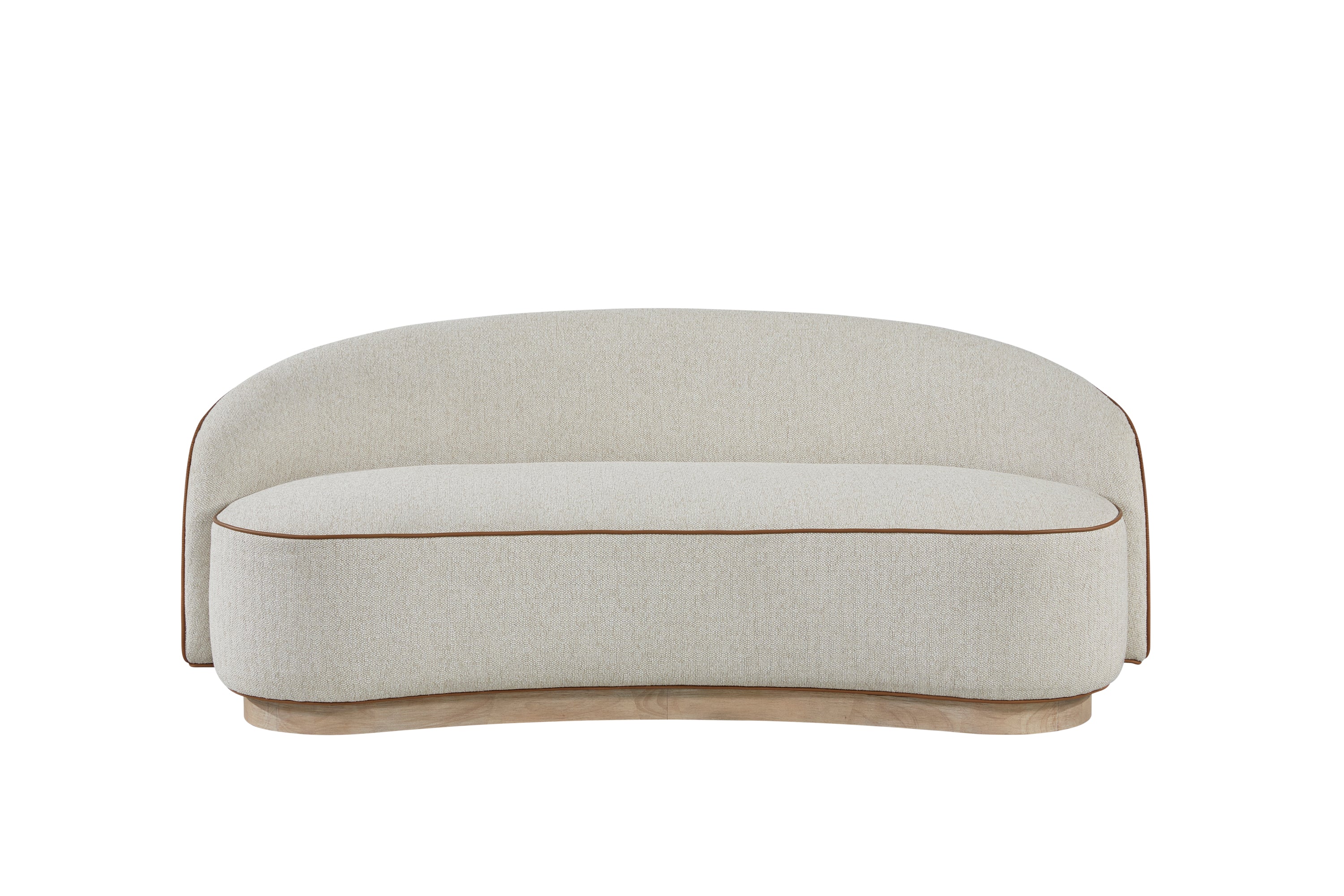 Curved beige tight-back sofa with brown piping detail on a light wood plinth base against a white background.