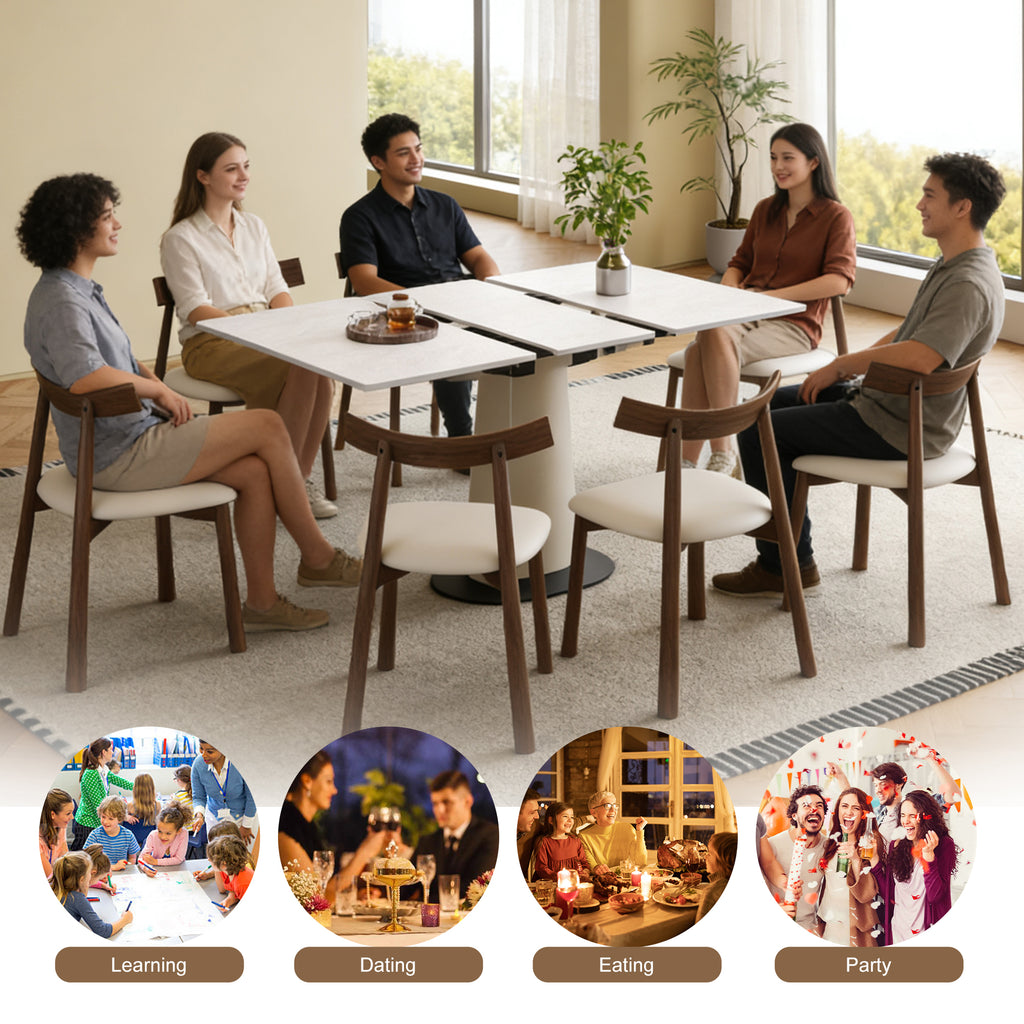 Expandable dining table set with six chairs shown in use by people, perfect for learning, dating, eating, and parties in small spaces.