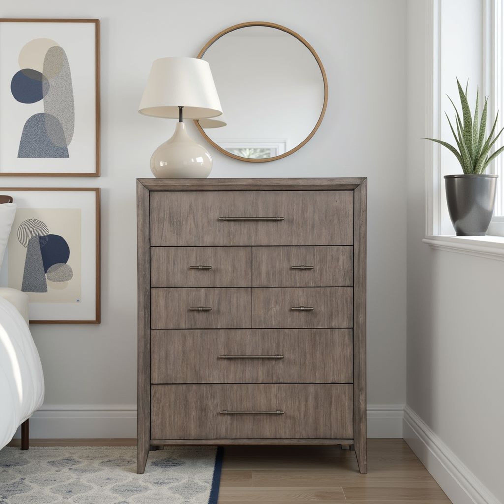 Avana 5-Drawer Wood Chest in Smoky Greige with Bronze Hardware