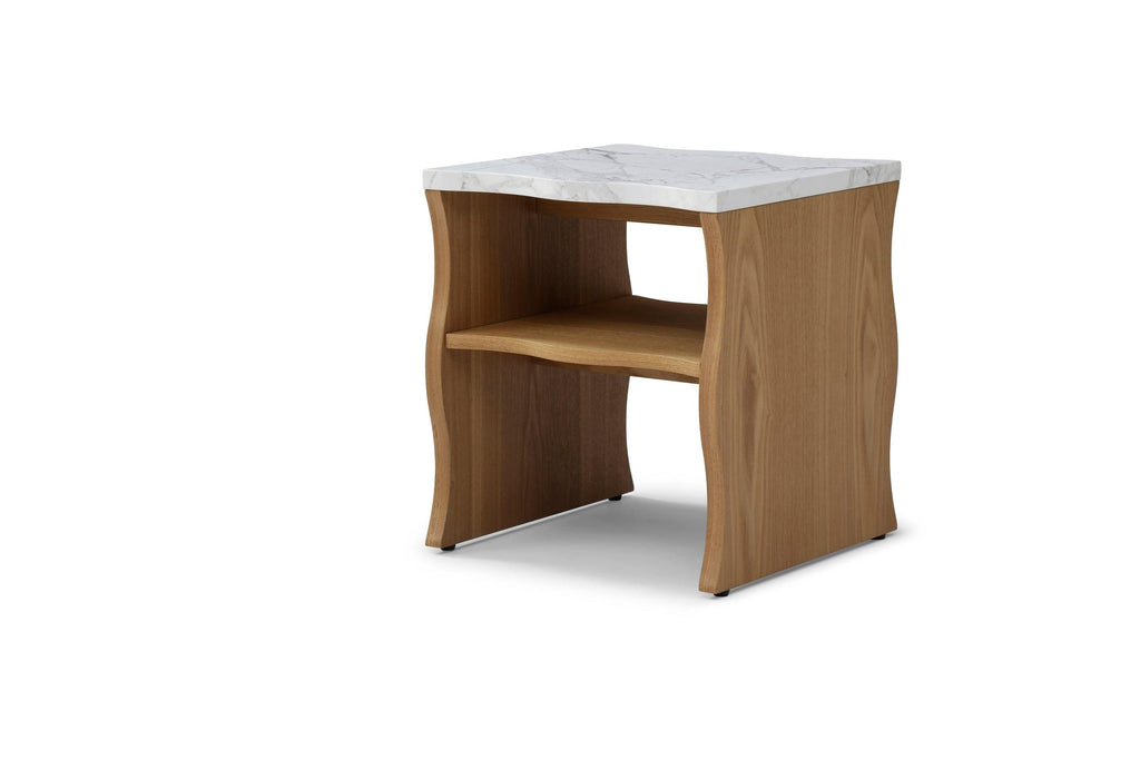 17.72' Whisper of Waves Modern End Table w/ Storage Shelf, Faux Marble Table w/ Solid Wood Veneered Table Base, Bedroom Nightstand, Accent Side Table for Living Room Apartment, Natural Wood Color.