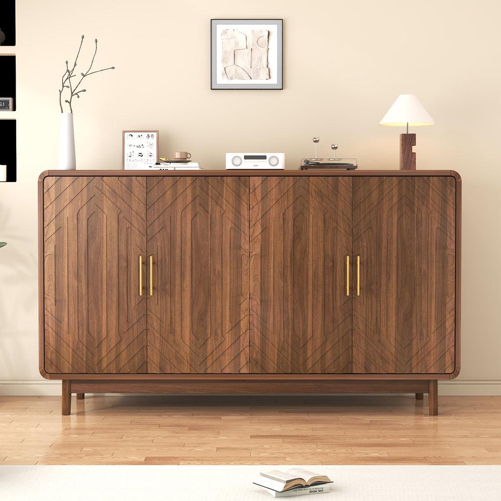 Walnut 55-Inch Curved 4-Door Sideboard with Adjustable Shelving