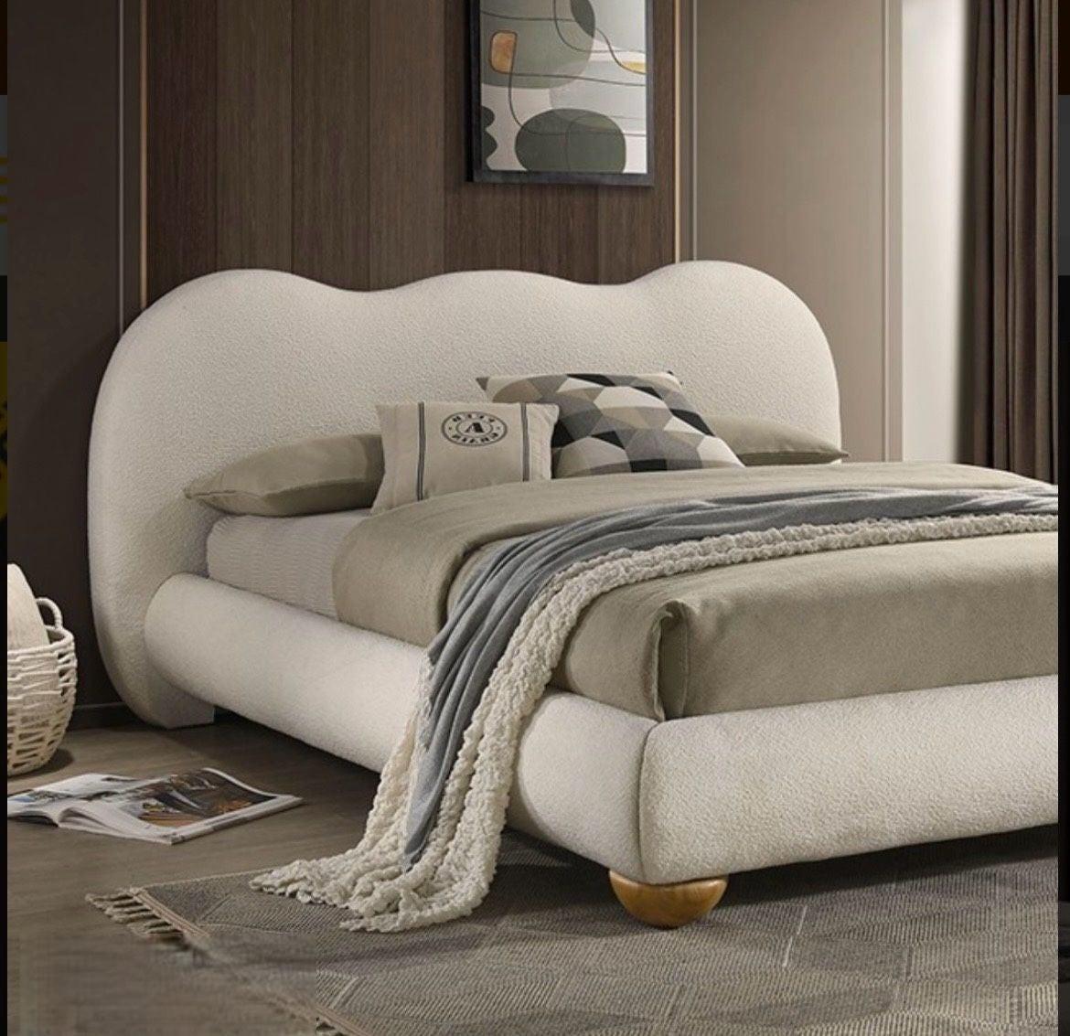 Queen Size Boucle Bed with Wood Feet.