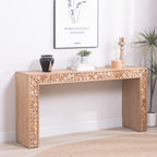 Modern farmhouse console table with natural log detailing, styled in a bright entryway with minimalist decor and wood accessories.