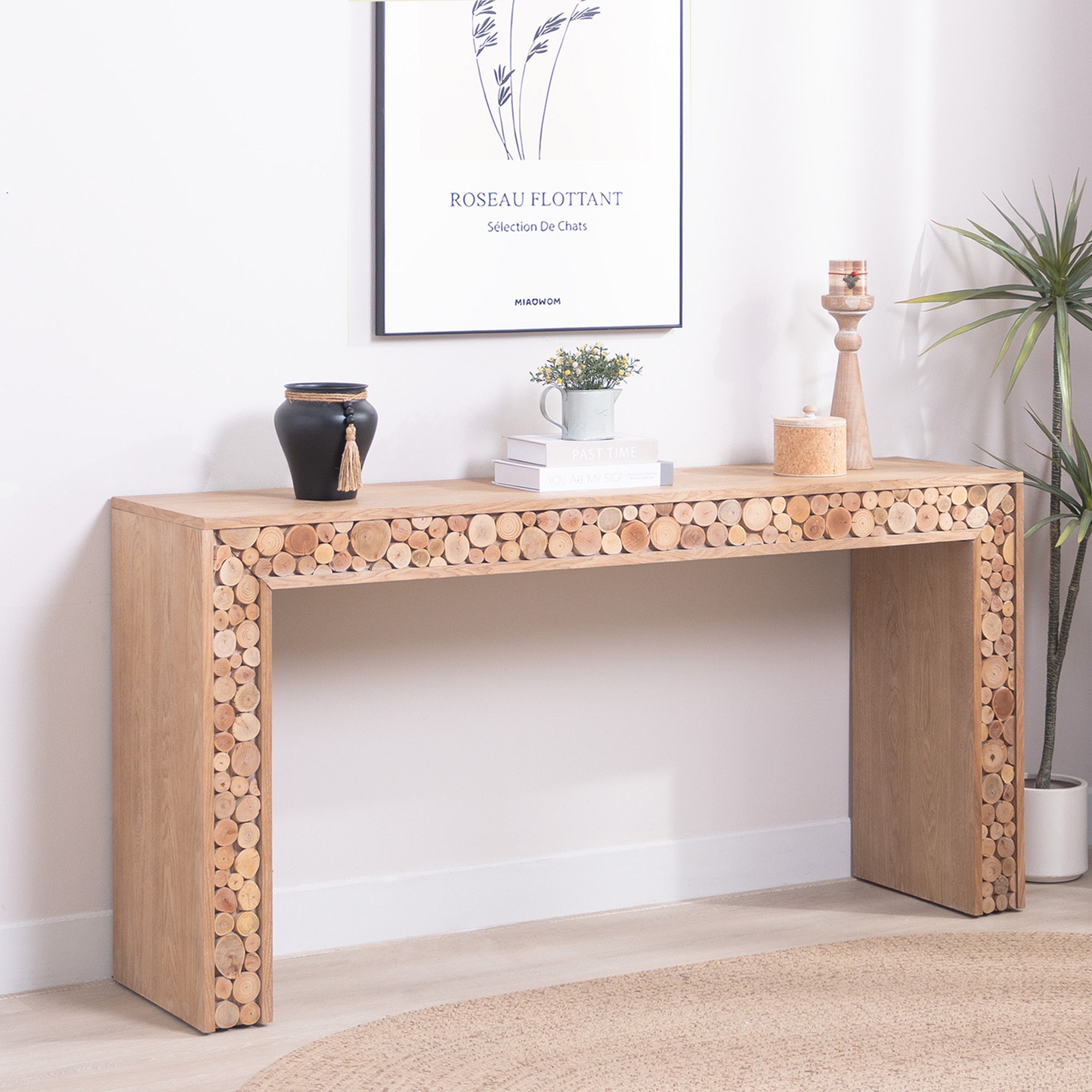 Modern farmhouse console table with natural log detailing, styled in a bright entryway with minimalist decor and wood accessories.