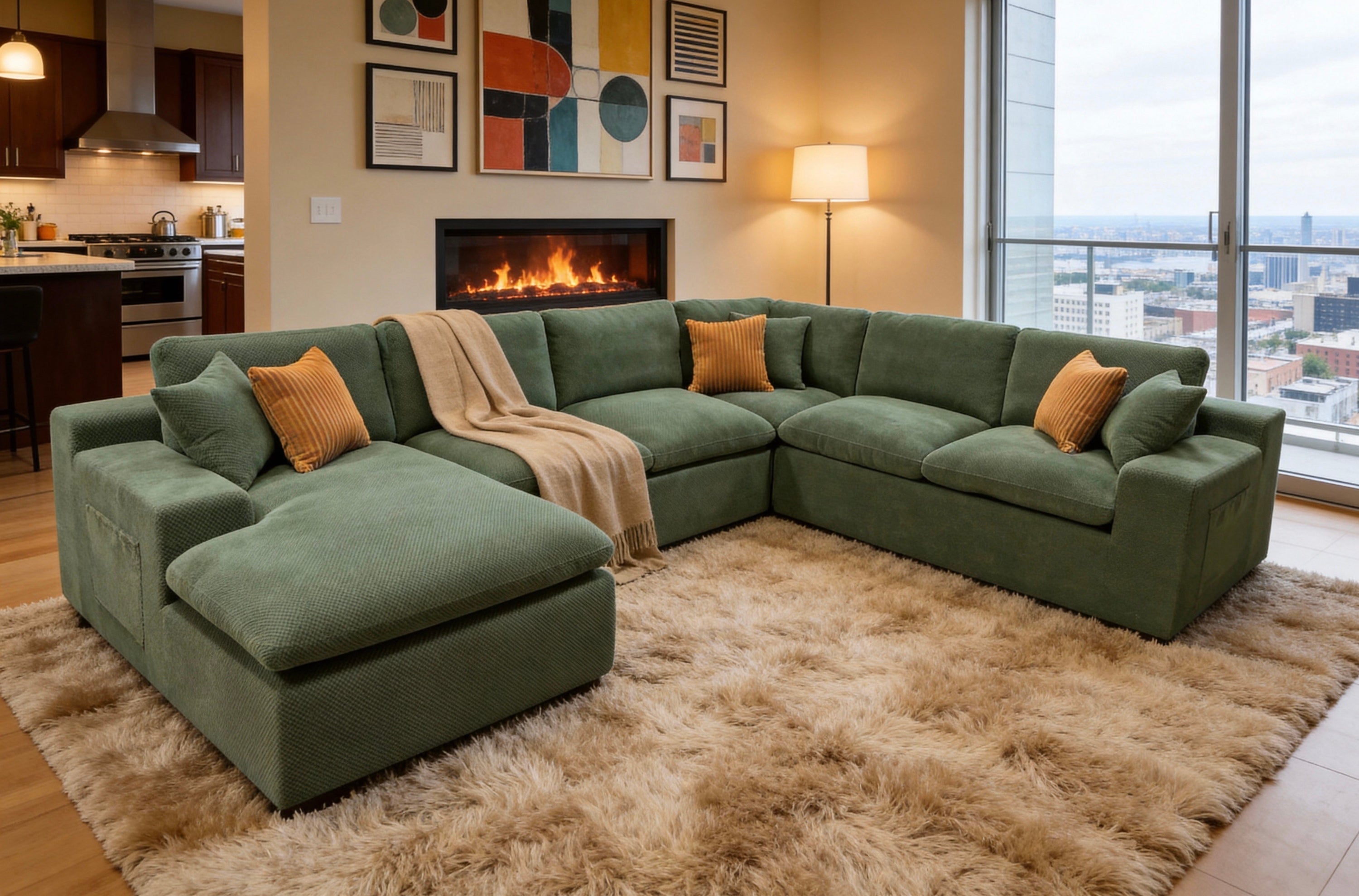 Dark Green 6-Seater Polyester Blend Sectional with Side Pockets