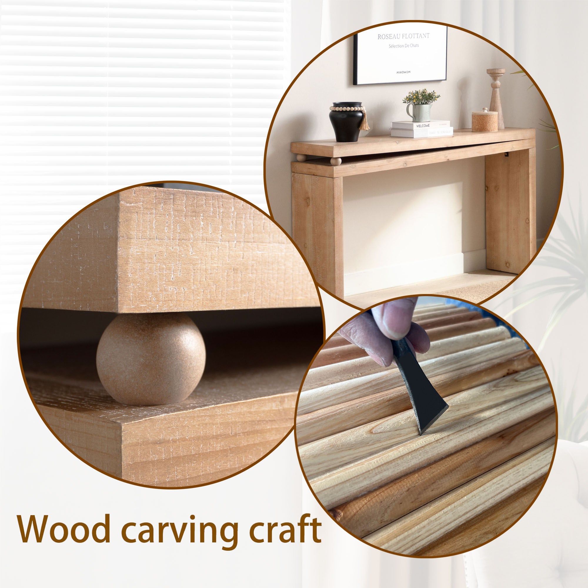 Wood carving craft detail of Slim Natural Wood Console Table, emphasizing artisanal bead design and rustic texture.