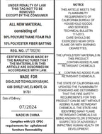 Product label for Chenille Modular Sofa, detailing material composition, safety compliance, and manufacturing information.