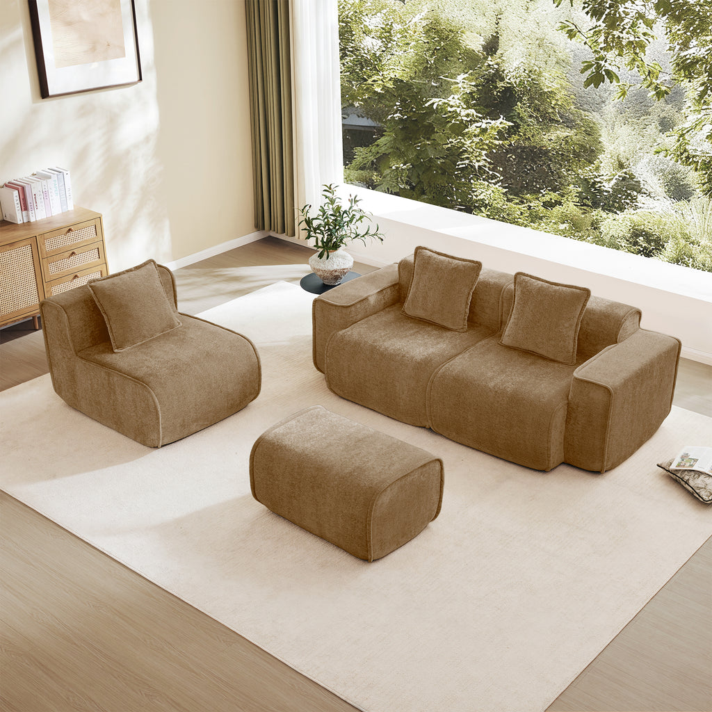 Separated modules of Velvet L Shape Modular Sectional Sofa with ottoman. Customizable design for versatile living room arrangements.