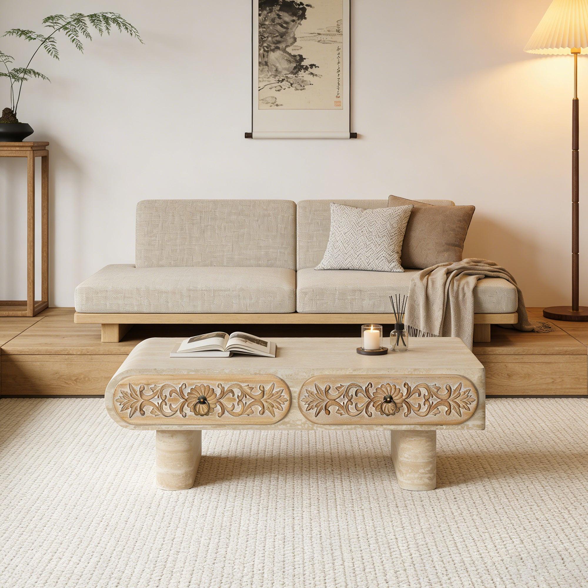 Rounded Edge Coffee Table with Drawer for Living Room.