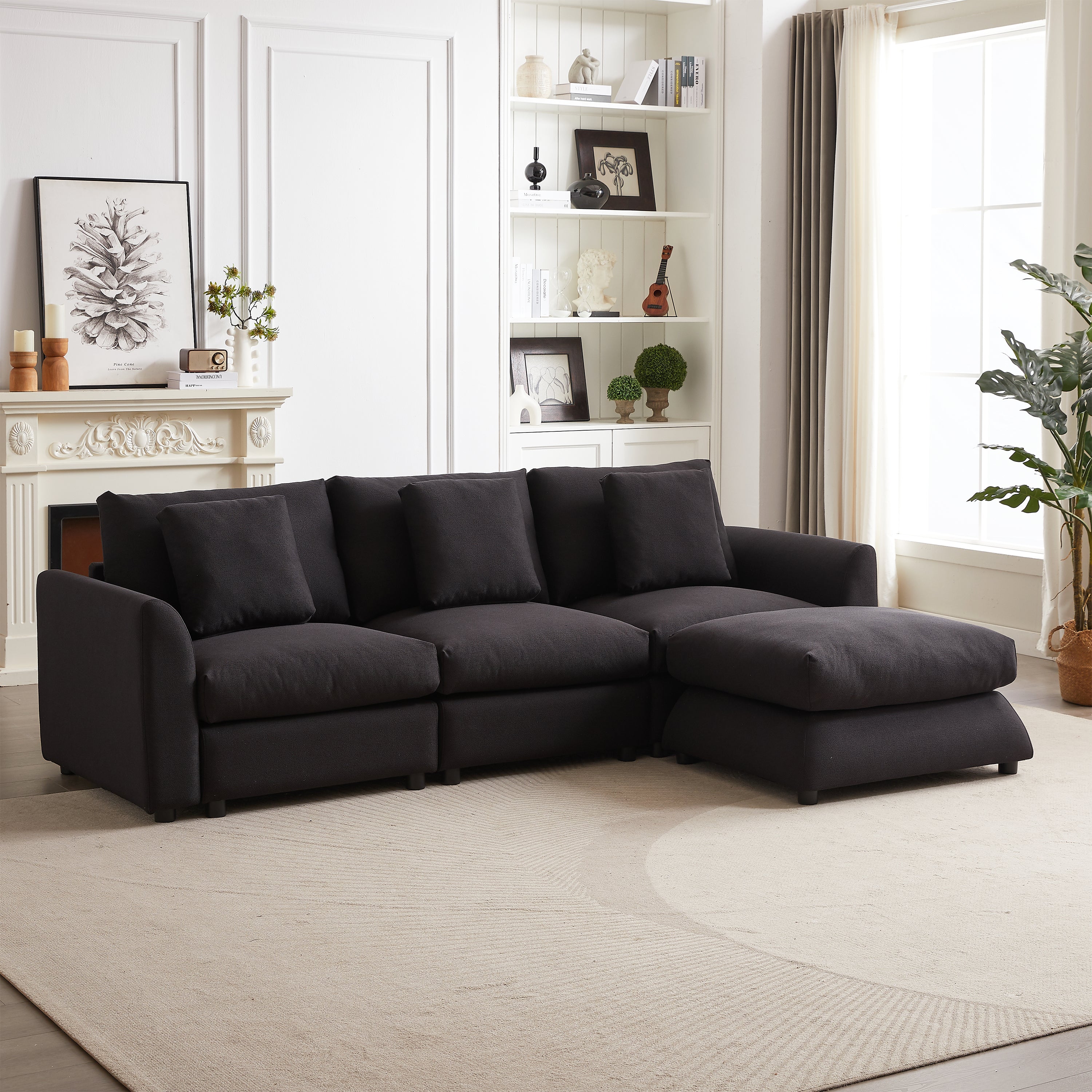 Full front view of modular L-shaped sofa with ottoman and 3 cushions, perfect for modern apartments or family rooms.