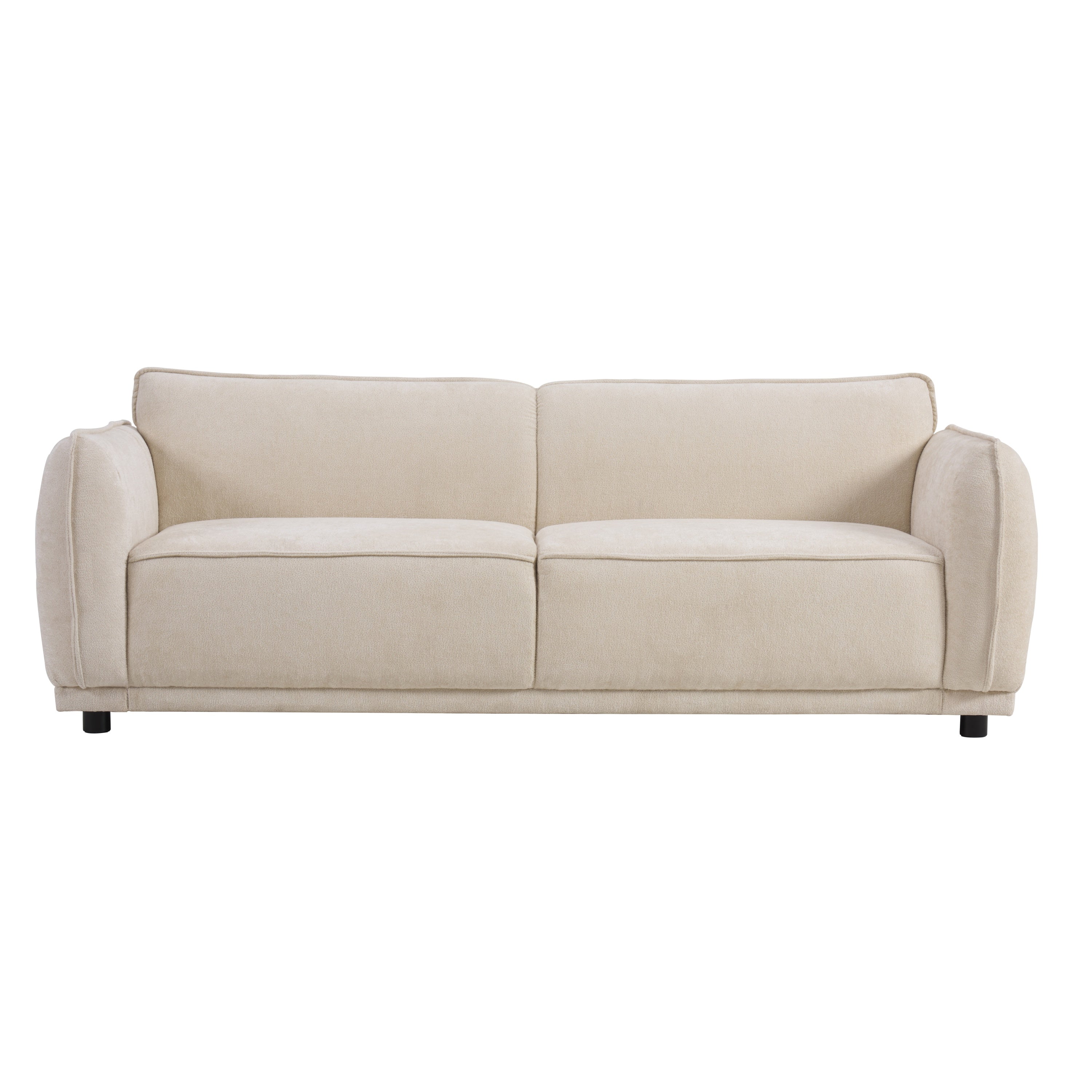 Front view of Oslo 84' Round Arm 3 Seater Modern Upholstered Boucle Sofa in beige, ideal for living rooms, bedrooms, or apartment offices.