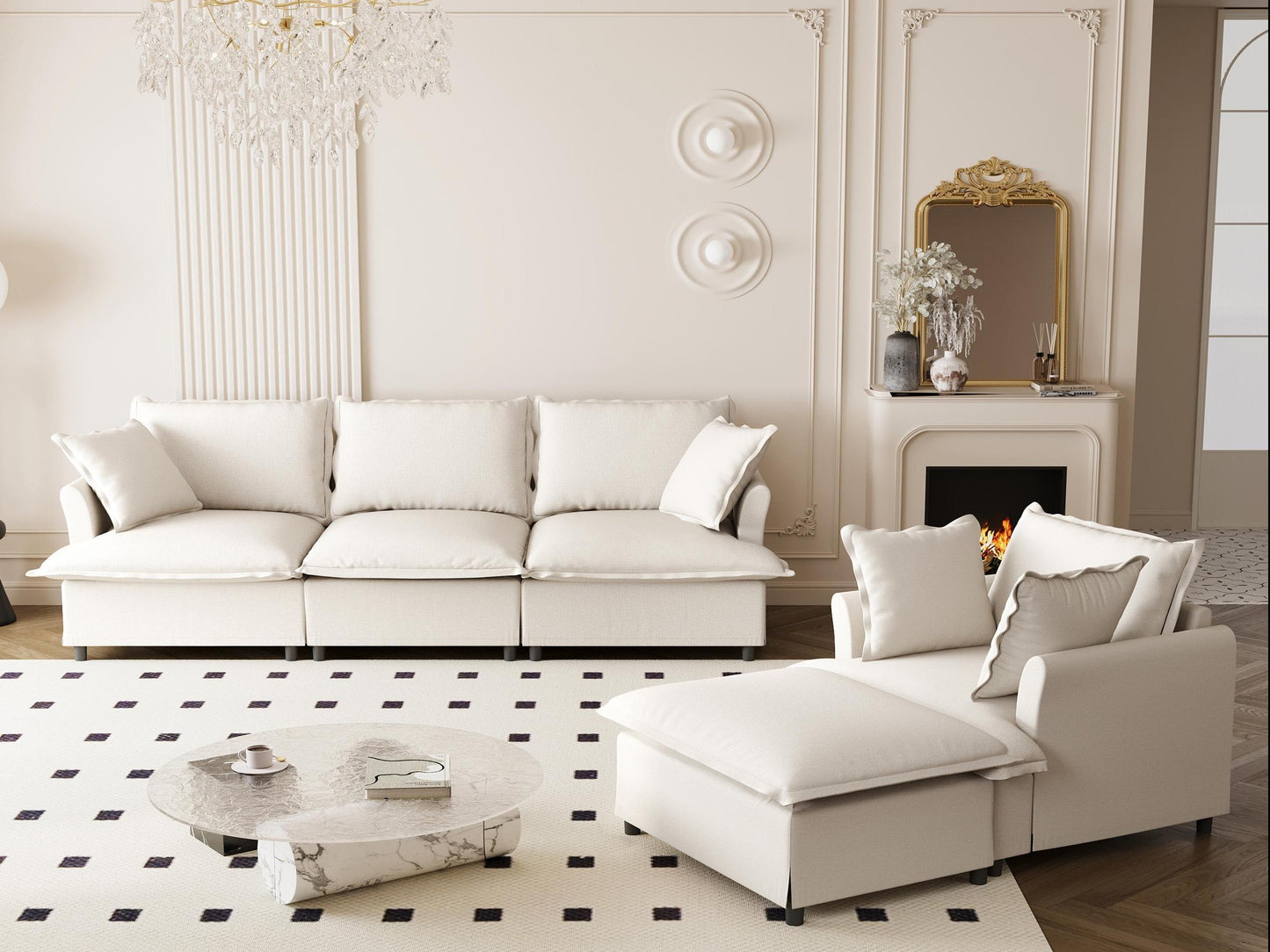 [New+Video] 3 Piece Living Room Sofa Set,Modular L Shaped Chenille Sectional Couch,Upholstered 3 Seater Sofa & Armchair & Movable Ottoman,5 Seat Indoor Furniture for Office,Bedroom,Apartment,2 Colors