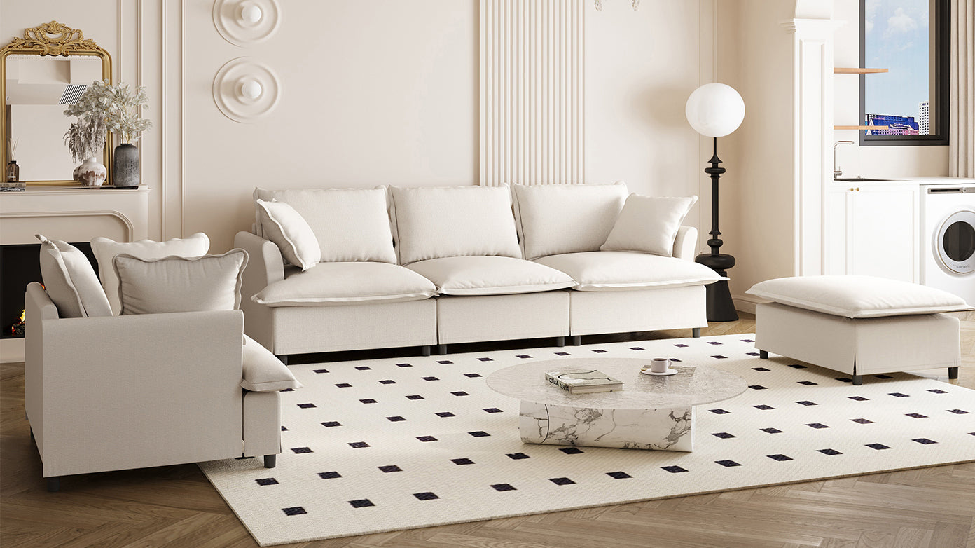 [New+Video] 3 Piece Living Room Sofa Set,Modular L Shaped Chenille Sectional Couch,Upholstered 3 Seater Sofa & Armchair & Movable Ottoman,5 Seat Indoor Furniture for Office,Bedroom,Apartment,2 Colors