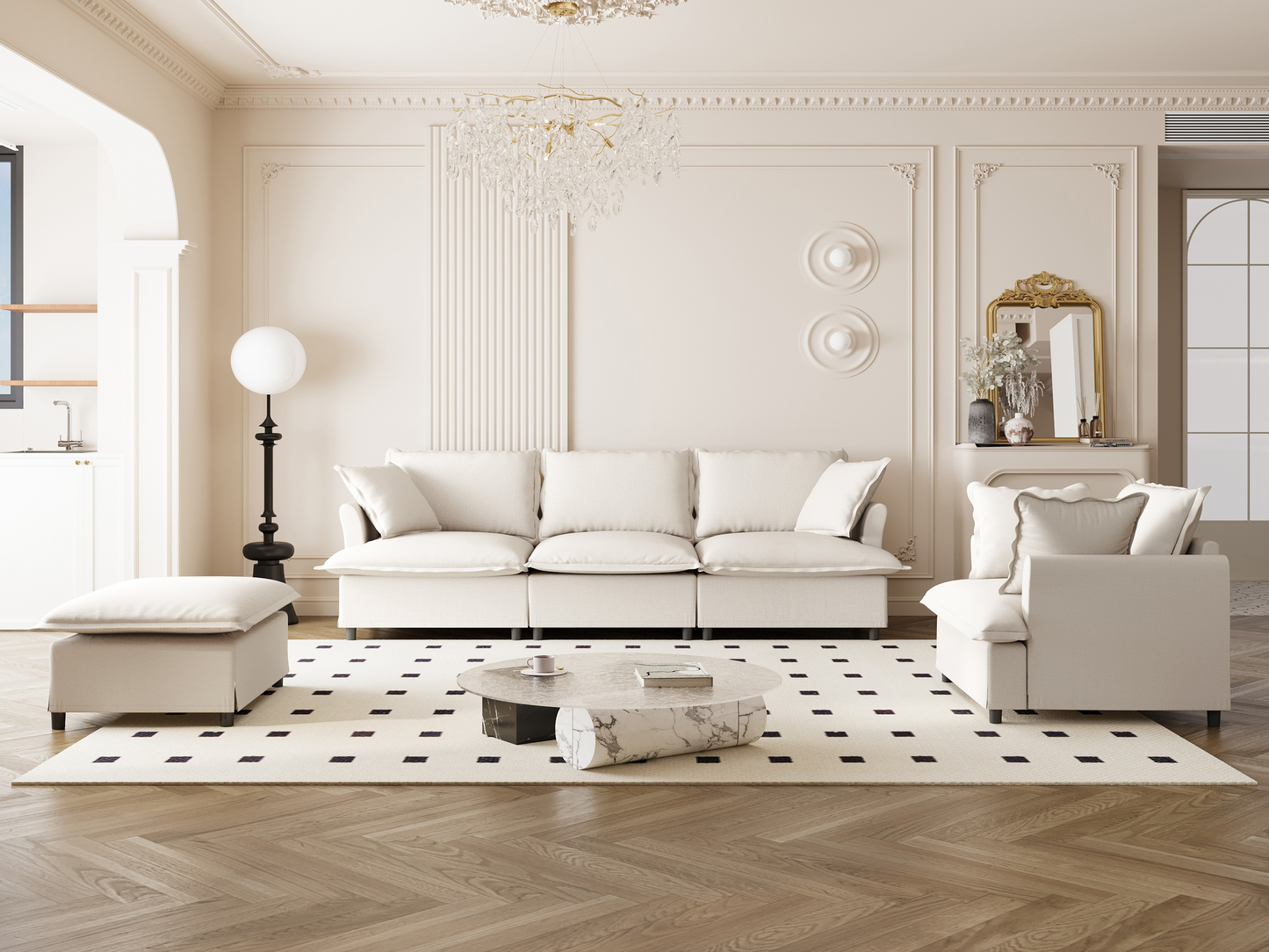 [New+Video] 3 Piece Living Room Sofa Set,Modular L Shaped Chenille Sectional Couch,Upholstered 3 Seater Sofa & Armchair & Movable Ottoman,5 Seat Indoor Furniture for Office,Bedroom,Apartment,2 Colors