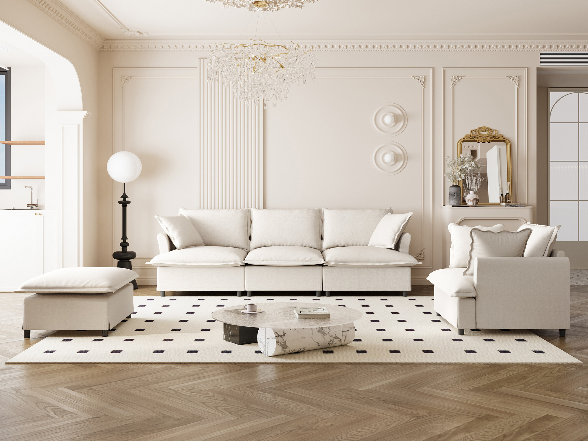 [New+Video] 3 Piece Living Room Sofa Set,Modular L Shaped Chenille Sectional Couch,Upholstered 3 Seater Sofa & Armchair & Movable Ottoman,5 Seat Indoor Furniture for Office,Bedroom,Apartment,2 Colors