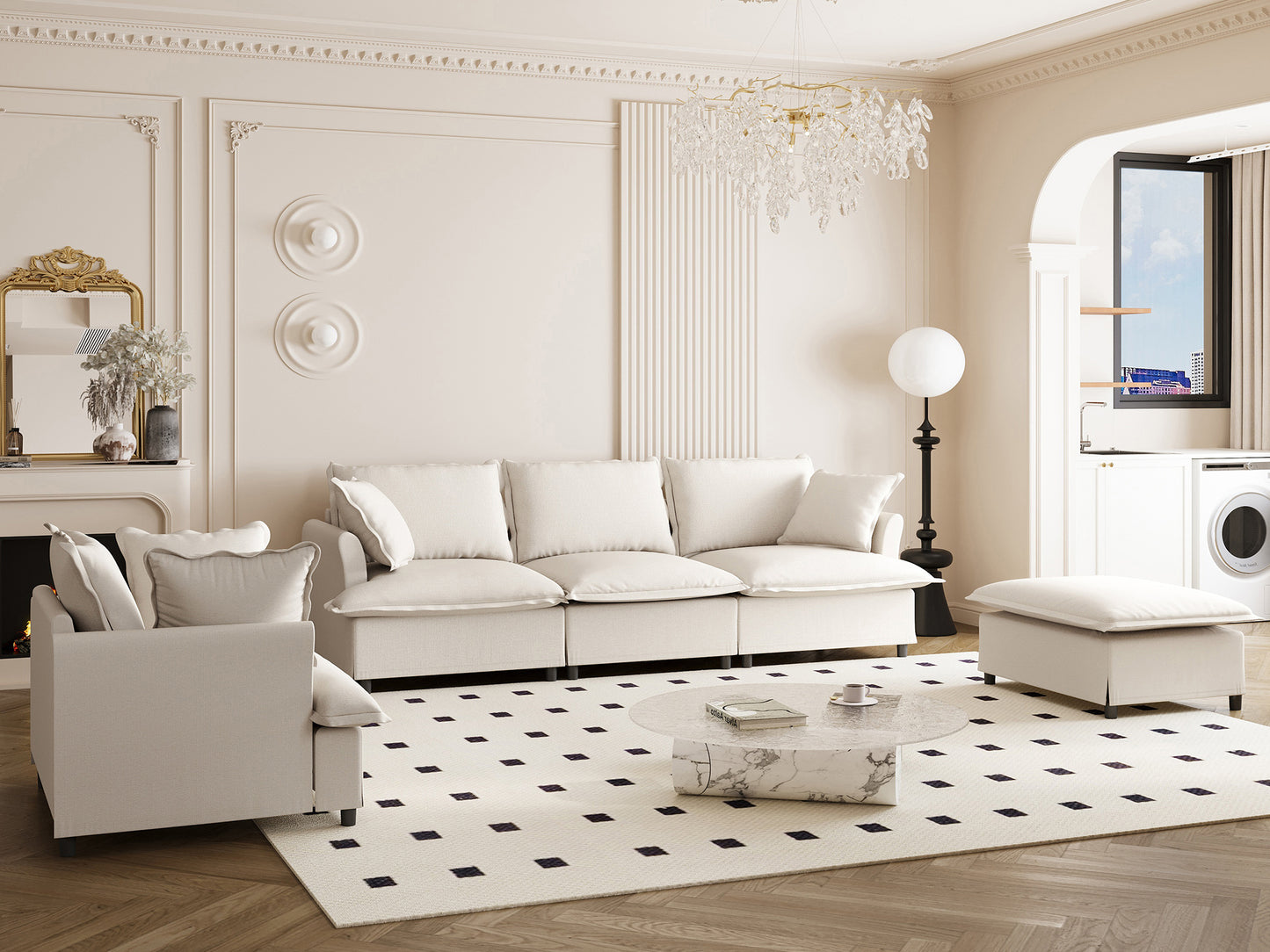 [New+Video] 3 Piece Living Room Sofa Set,Modular L Shaped Chenille Sectional Couch,Upholstered 3 Seater Sofa & Armchair & Movable Ottoman,5 Seat Indoor Furniture for Office,Bedroom,Apartment,2 Colors