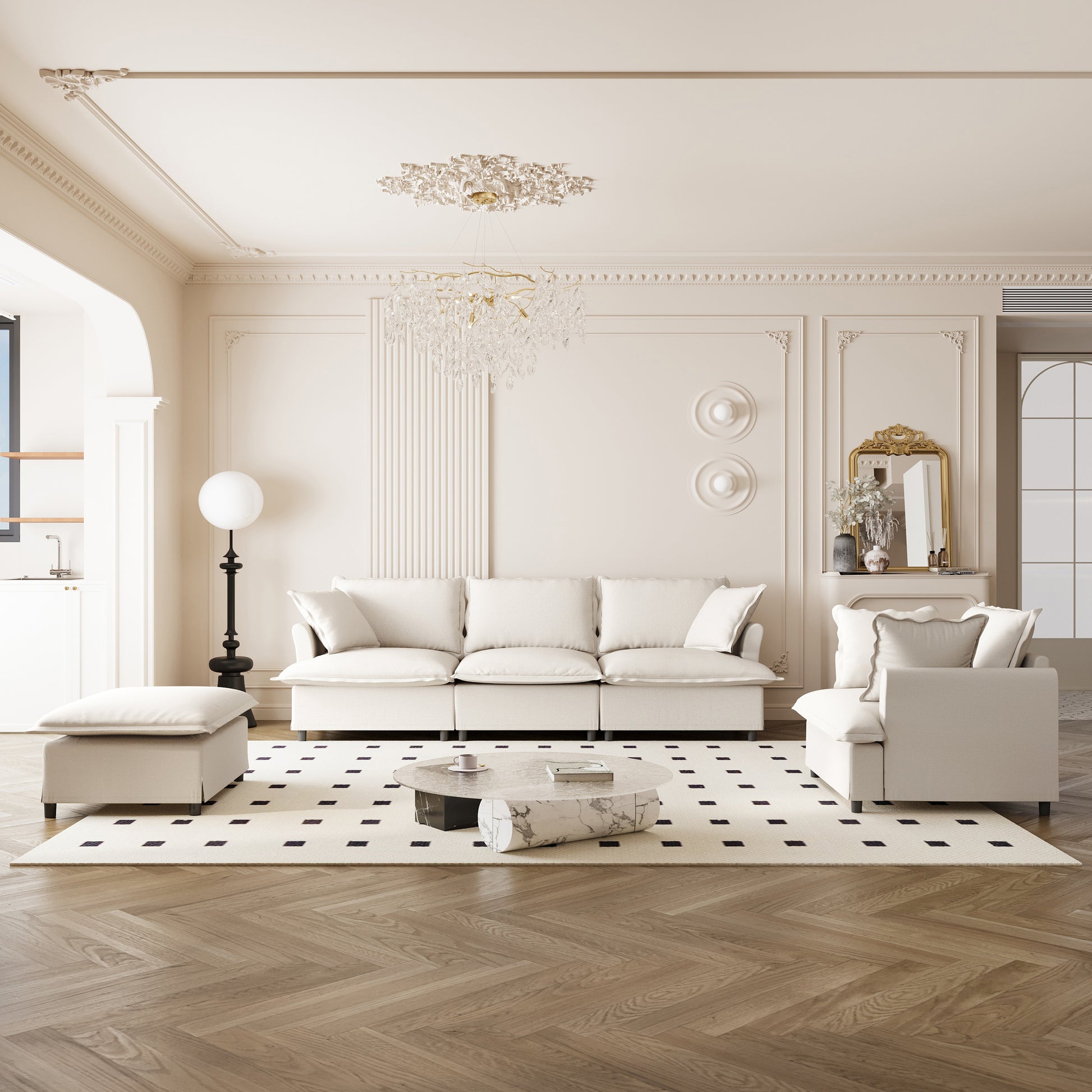 [New+Video] 3 Piece Living Room Sofa Set,Modular L Shaped Chenille Sectional Couch,Upholstered 3 Seater Sofa & Armchair & Movable Ottoman,5 Seat Indoor Furniture for Office,Bedroom,Apartment,2 Colors