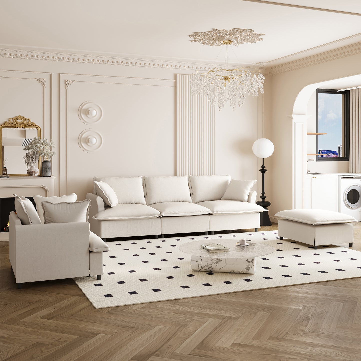 [New+Video] 3 Piece Living Room Sofa Set,Modular L Shaped Chenille Sectional Couch,Upholstered 3 Seater Sofa & Armchair & Movable Ottoman,5 Seat Indoor Furniture for Office,Bedroom,Apartment,2 Colors