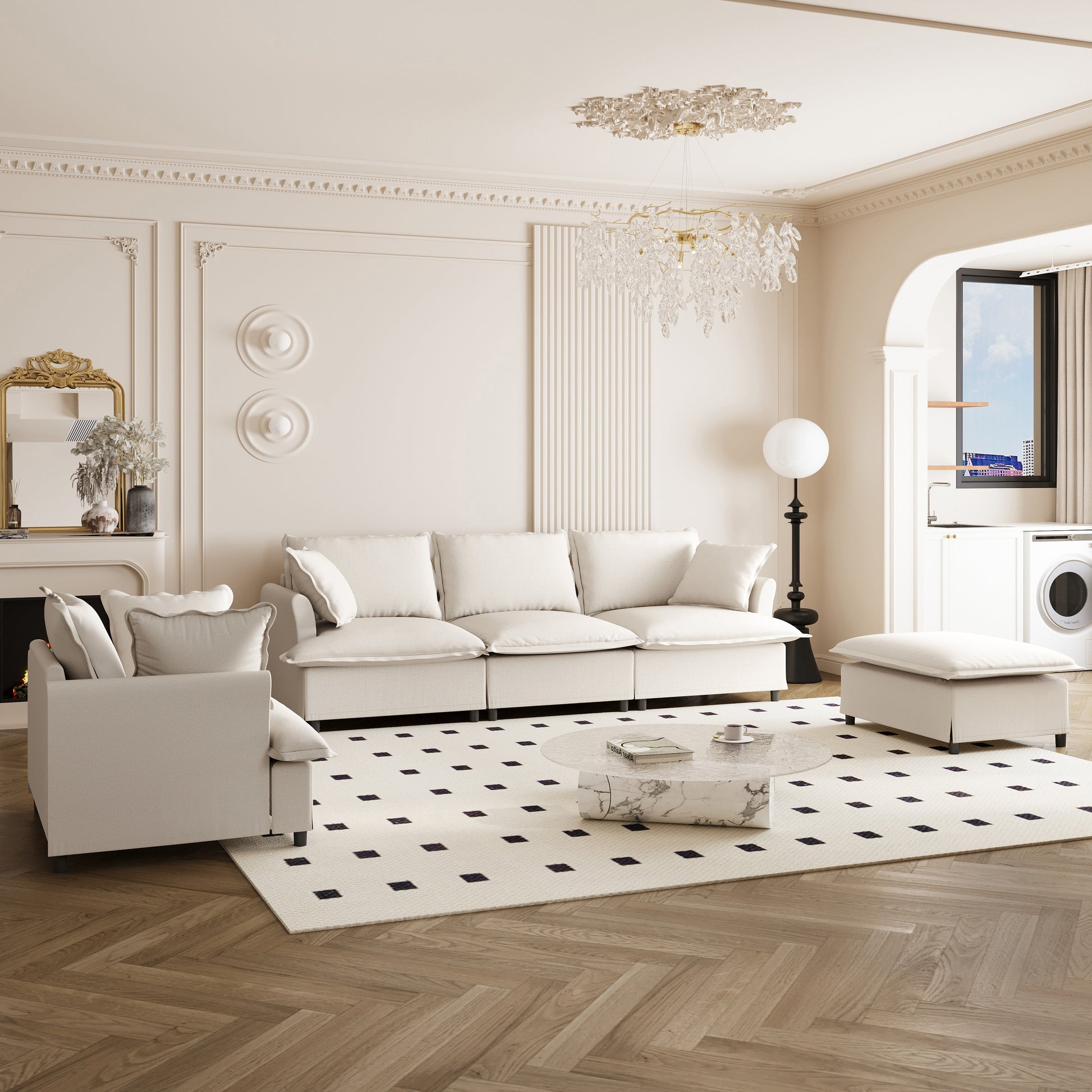 [New+Video] 3 Piece Living Room Sofa Set,Modular L Shaped Chenille Sectional Couch,Upholstered 3 Seater Sofa & Armchair & Movable Ottoman,5 Seat Indoor Furniture for Office,Bedroom,Apartment,2 Colors