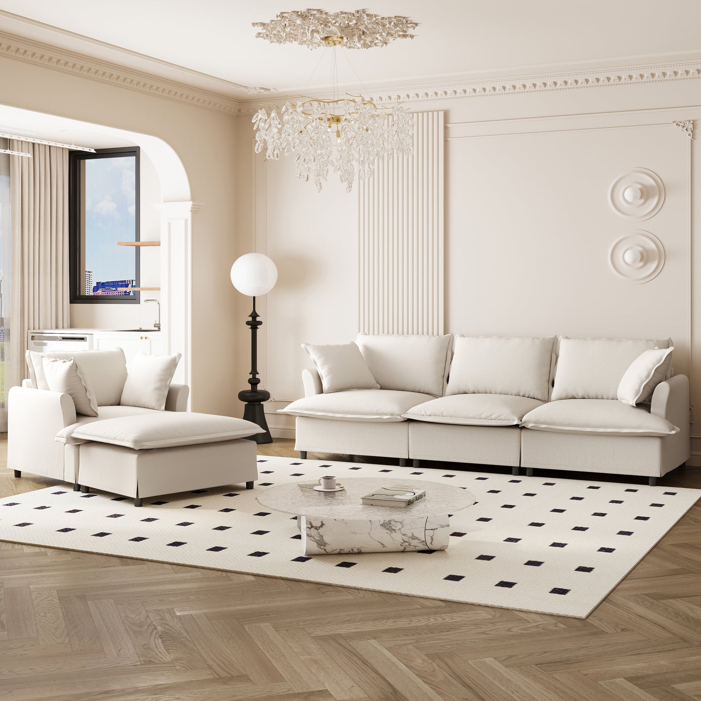 [New+Video] 3 Piece Living Room Sofa Set,Modular L Shaped Chenille Sectional Couch,Upholstered 3 Seater Sofa & Armchair & Movable Ottoman,5 Seat Indoor Furniture for Office,Bedroom,Apartment,2 Colors