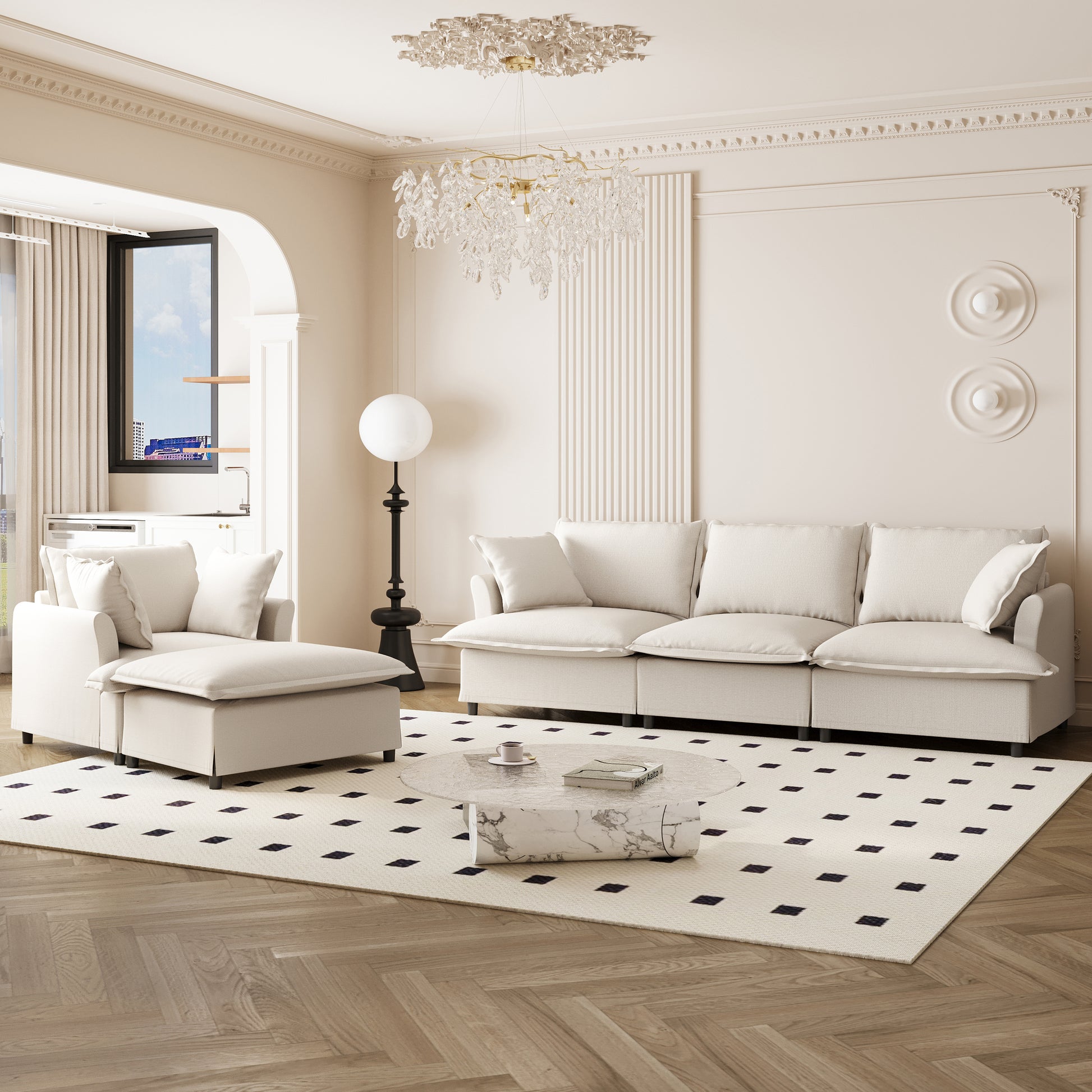 [New+Video] 3 Piece Living Room Sofa Set,Modular L Shaped Chenille Sectional Couch,Upholstered 3 Seater Sofa & Armchair & Movable Ottoman,5 Seat Indoor Furniture for Office,Bedroom,Apartment,2 Colors