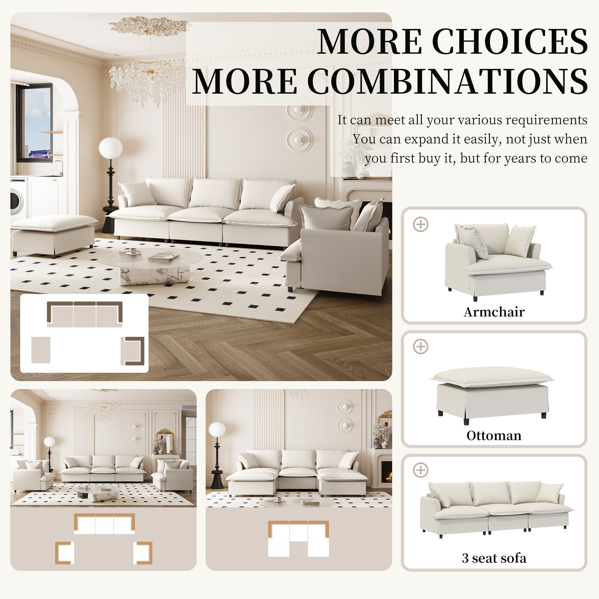 [New+Video] 3 Piece Living Room Sofa Set,Modular L Shaped Chenille Sectional Couch,Upholstered 3 Seater Sofa & Armchair & Movable Ottoman,5 Seat Indoor Furniture for Office,Bedroom,Apartment,2 Colors