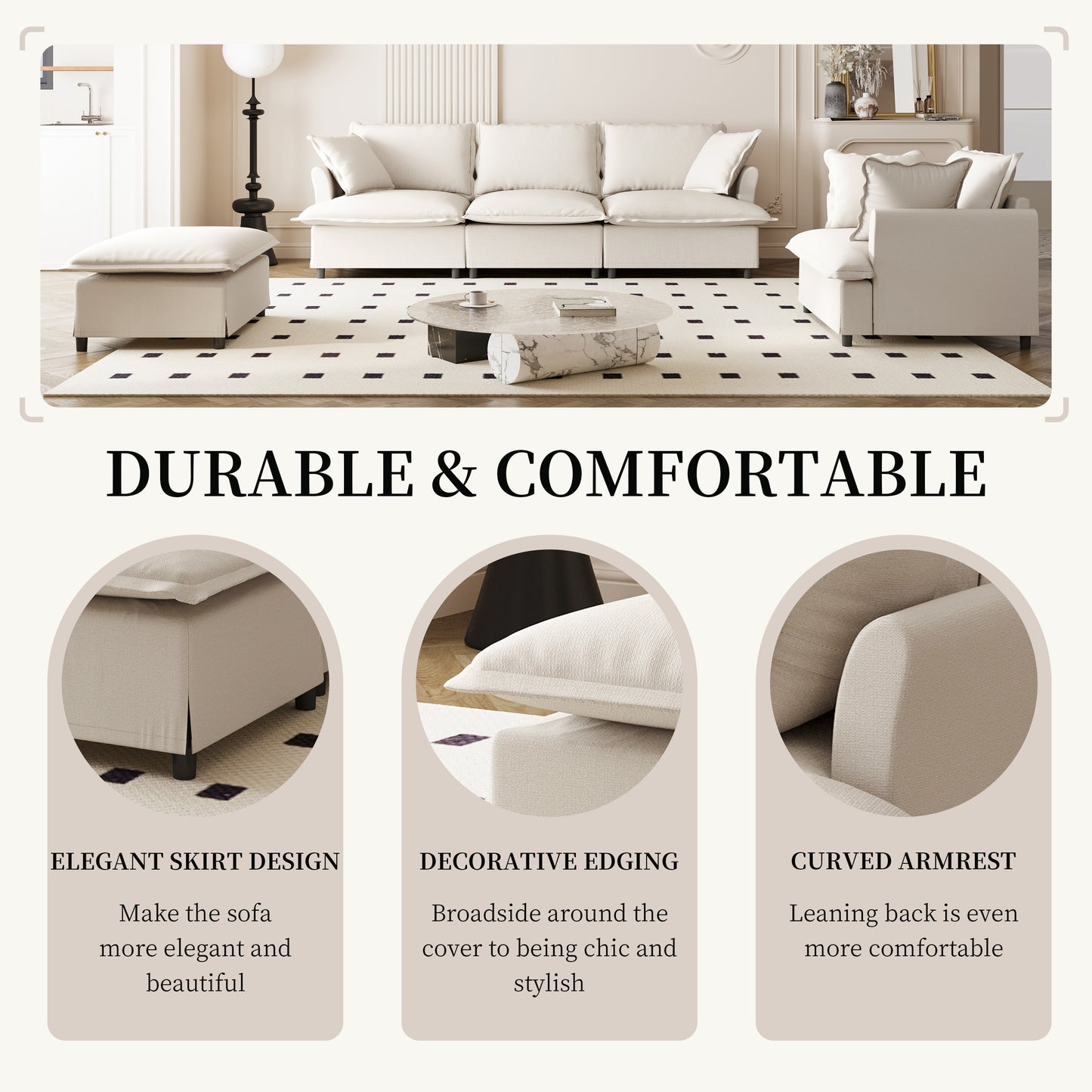 [New+Video] 3 Piece Living Room Sofa Set,Modular L Shaped Chenille Sectional Couch,Upholstered 3 Seater Sofa & Armchair & Movable Ottoman,5 Seat Indoor Furniture for Office,Bedroom,Apartment,2 Colors